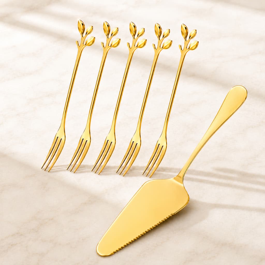 Kit De Bolo DOURADO Brilhante Garfinhos + Espátula Resistente Aço Inoxidável Gold Luxuoso