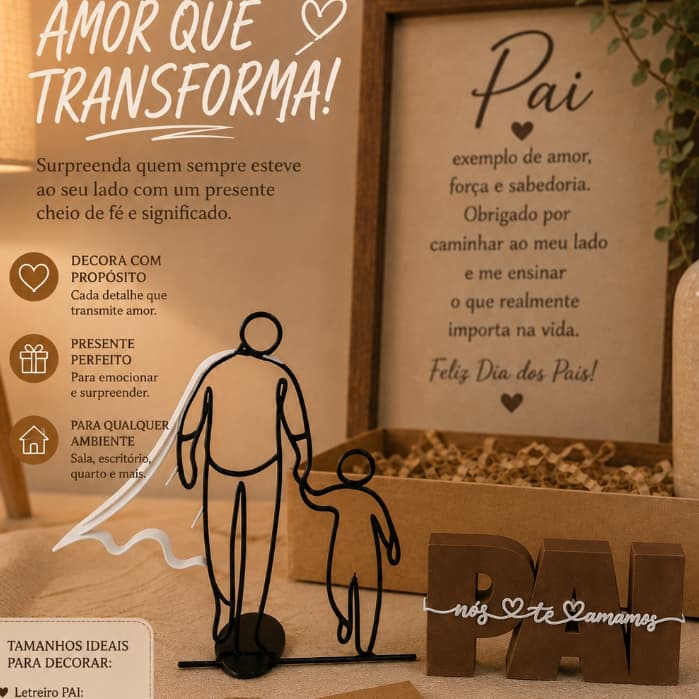 Kit  Decorativo Escultura Pai e Filho + Letreiro PAI Decoração Criativa e Especial Ideal para presentear no dia dos pais