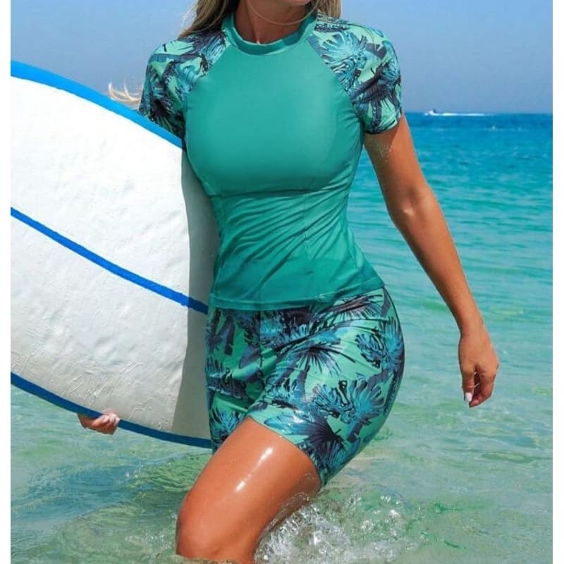 Biquíni feminino duas peças  Com Shorts E Camiseta Proteção UV Surf