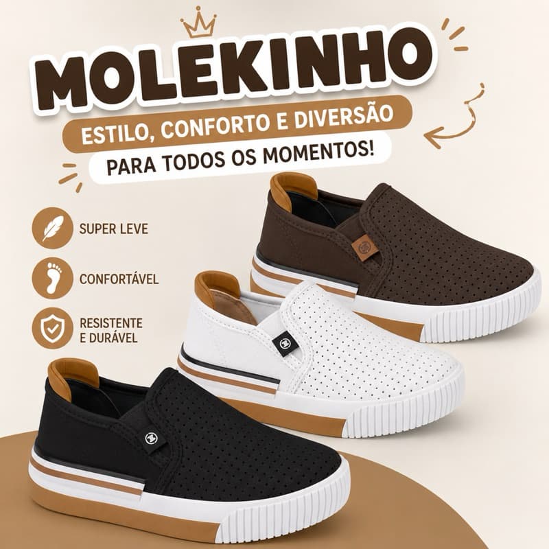 Sapatênis Infantil Molekinho Original Menino Slip On Casual Confortável Leve Antiderrapante Dia a Dia Escolar
