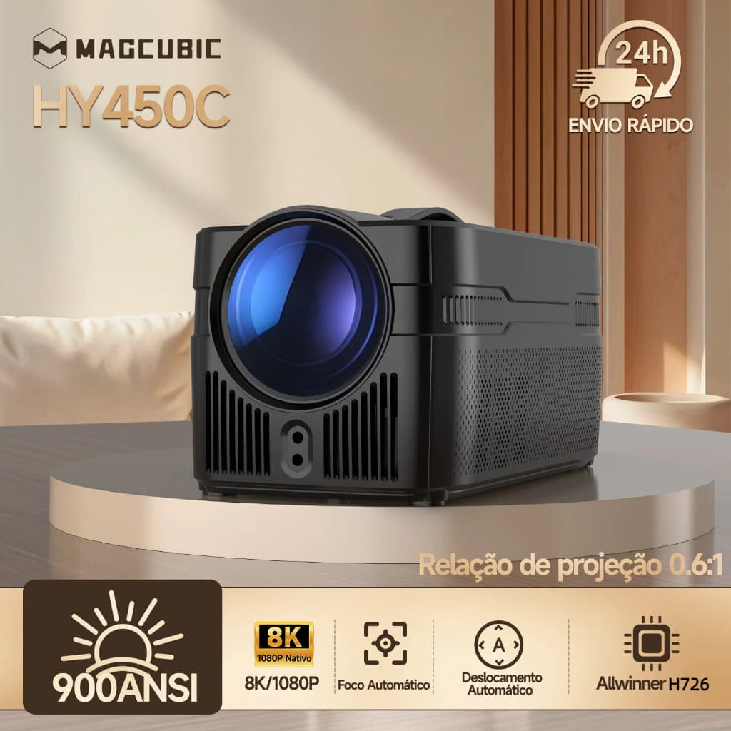 Projetor Magcubic HY450C 4K Ulrta HD Android 14 Foco Automático 900ANSI WiFi 6 Controle por Voz