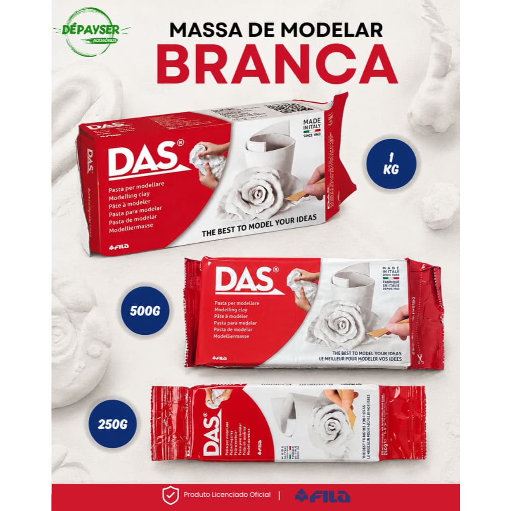 Massa de Modelar DAS Branca 250g 500g 1kg Cerâmica Fria para Escultura e Artesanato Sem Forno