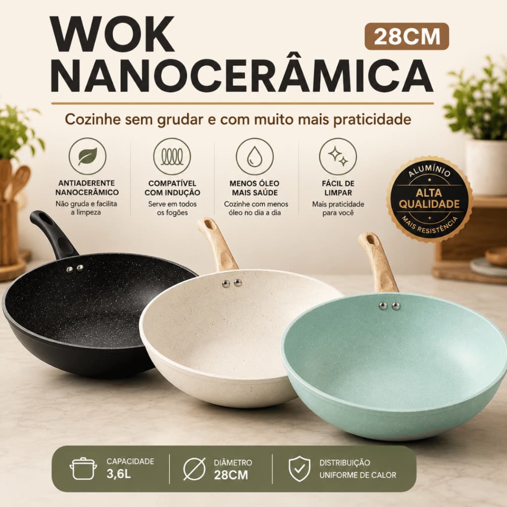 Frigideira Wok Nanocerâmica 28cm Antiaderente Alumínio 3,6L Fogão Indução Gás Elétrico Vitrocerâmico