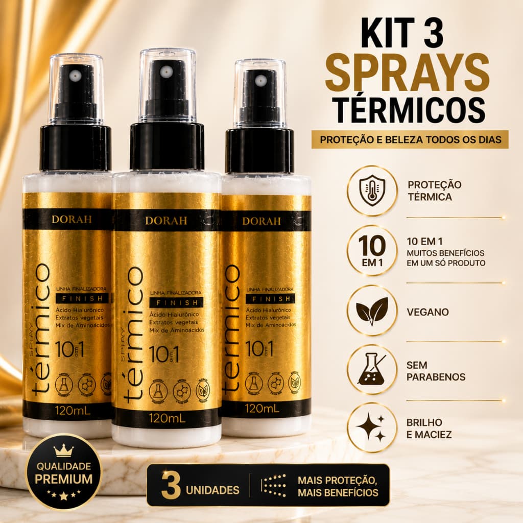 Kit 3x Spray Térmico 10 em 1 Dorah Beauty 120ml Proteção Térmica Capilar Vegano