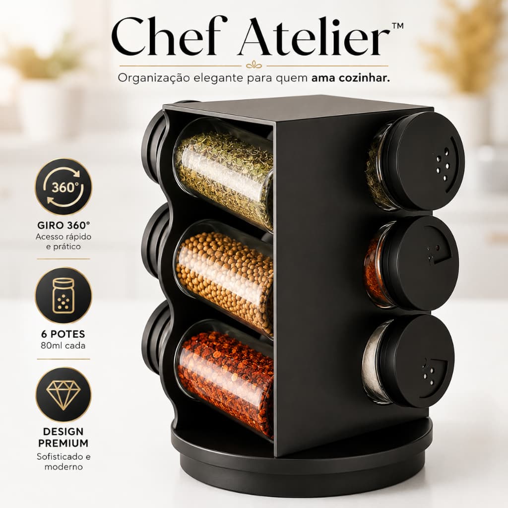 Porta Temperos Giratório 6 Potes 80ml Organizador de Condimentos Cozinha Base 360° Preto Chef Atelier™
