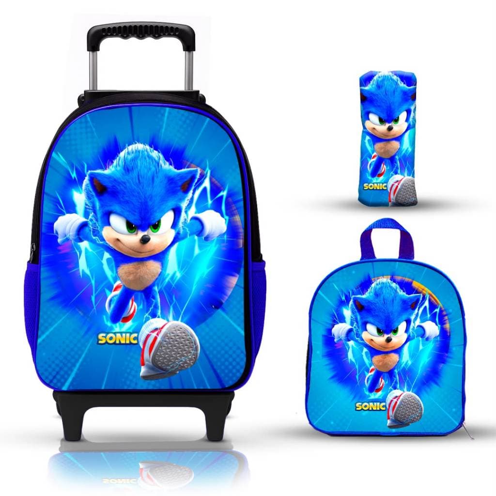 Kit Mochila Escolar Sonic com lancheira e estojo - rodinha - menino - masculino - escolar - rodinhas