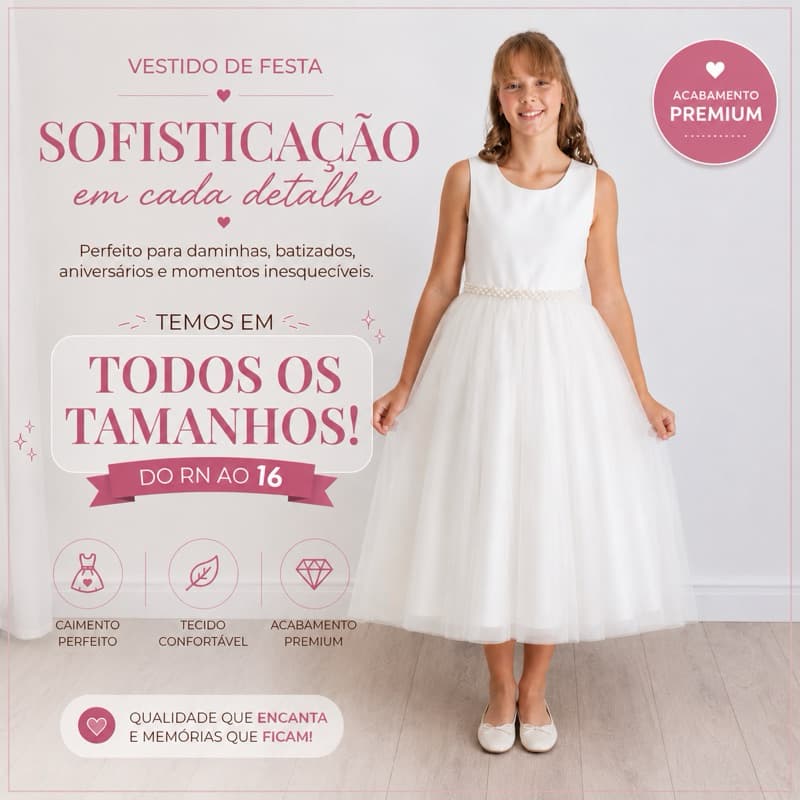 Vestido Off WHite Festa Infantil Luxo Daminha Honra p Casamento Florista Princesa Tule REF4302