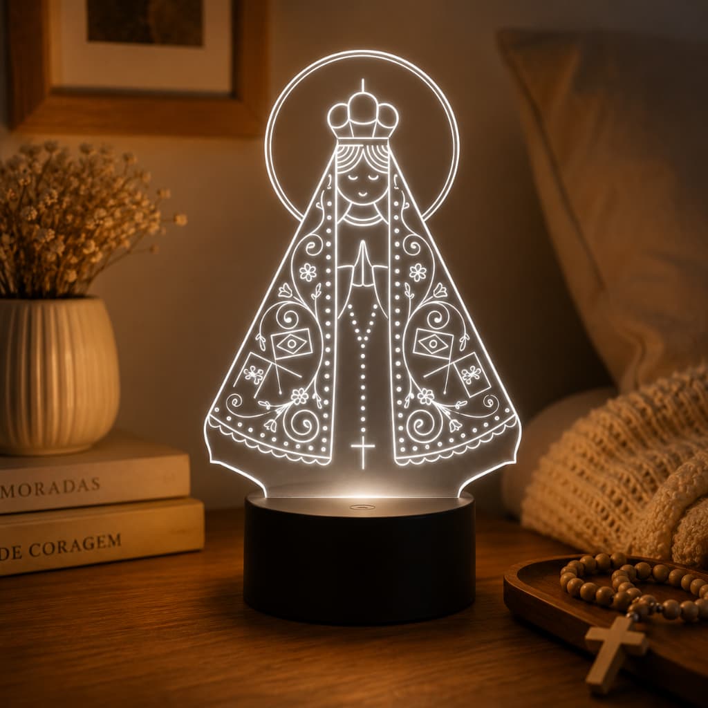 Luminária LED 3D Nossa Senhora Aparecida – Abajur Religioso Decorativo com Luz Suave para Quarto Sala e Presente