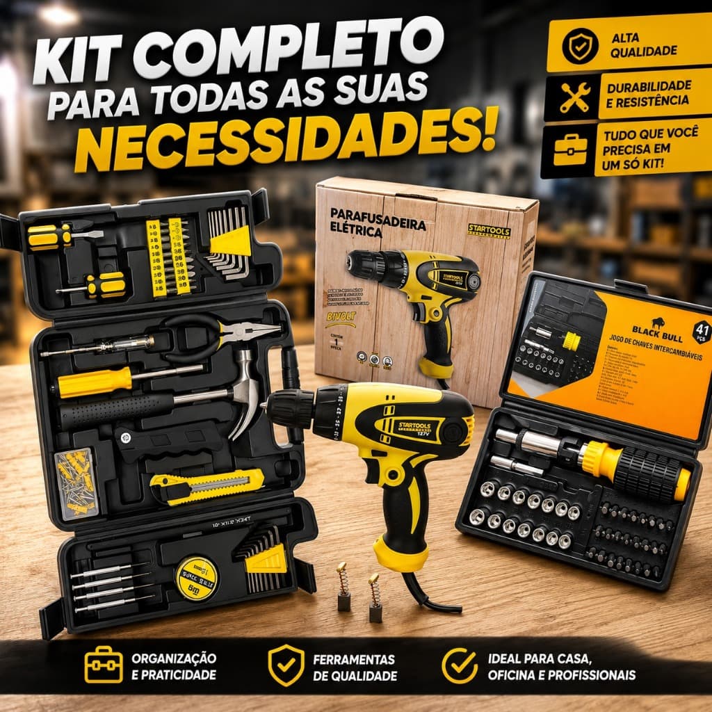 Kit Ferramentas 242 Peças Parafusadeira 350W 127V + Chave Catraca 41 Peças Martelo Alicate Chaves