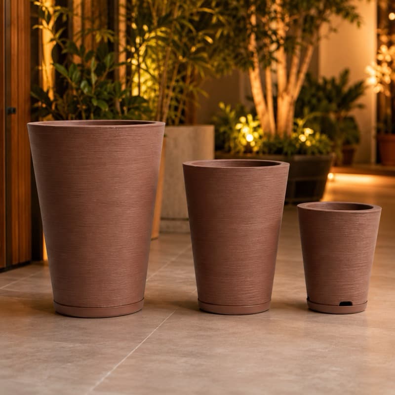 Vasos para Plantas Decorativo Polietileno Kit com 3 Coluna Redonda Escovado com prato coletores N1 N2 N3