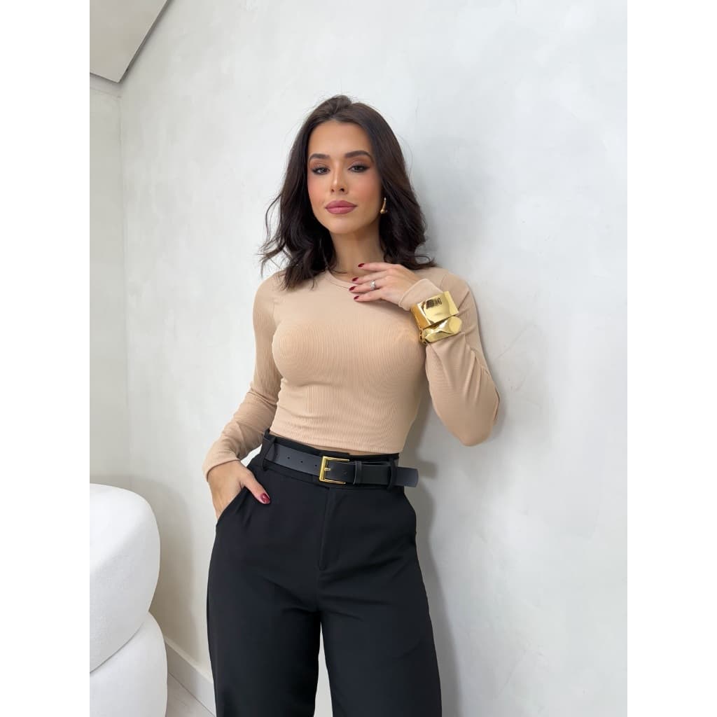 Cropped Feminino Canelado Manga Longa Gola Alta Premium Básico Ajustado Blusa Feminina Tamanho Único