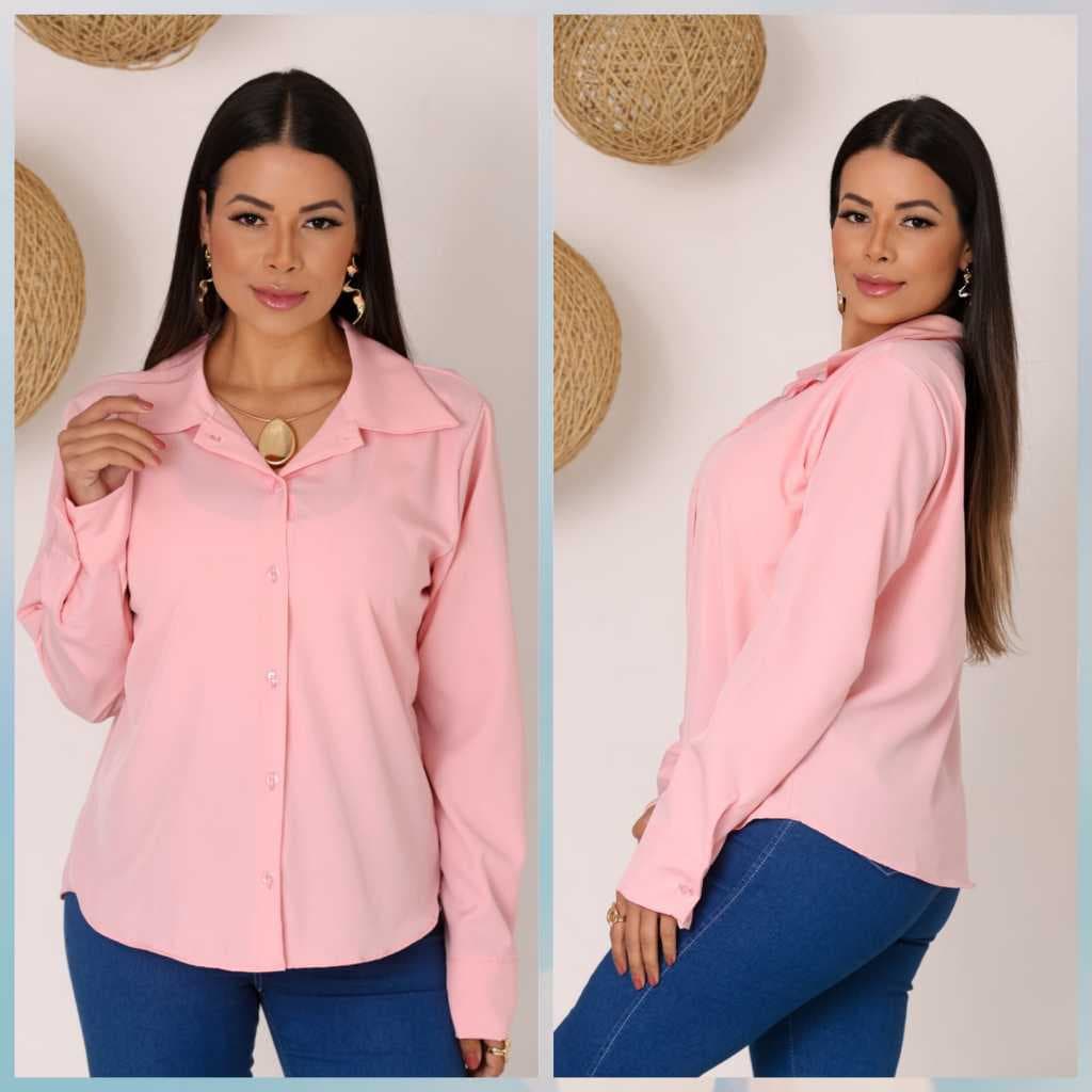 Camisa Feminina Colarinho Manga Longa Tecido Leve LISO