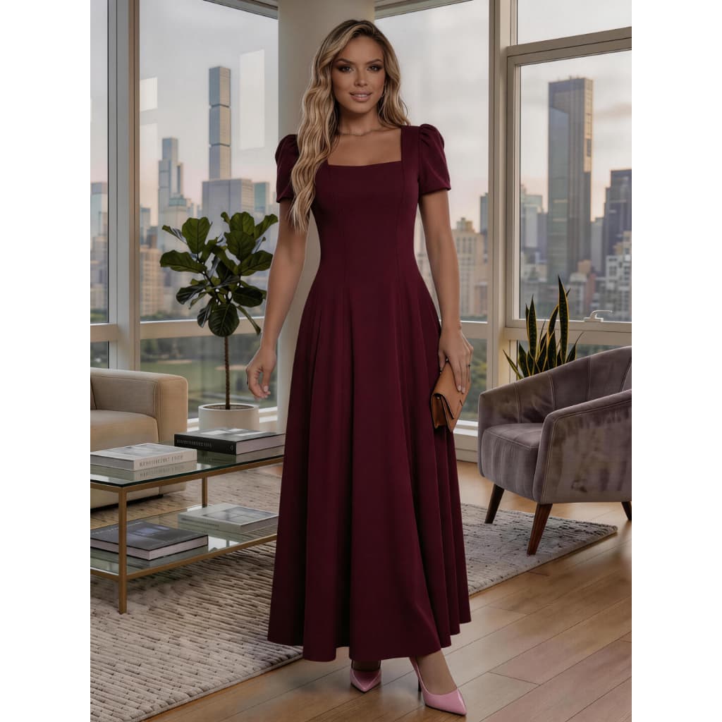 Vestido Romântico Feminino de Linha A Simples e Elegante com Colar Quadrado Cintura Marcada e Mangas Franzidas