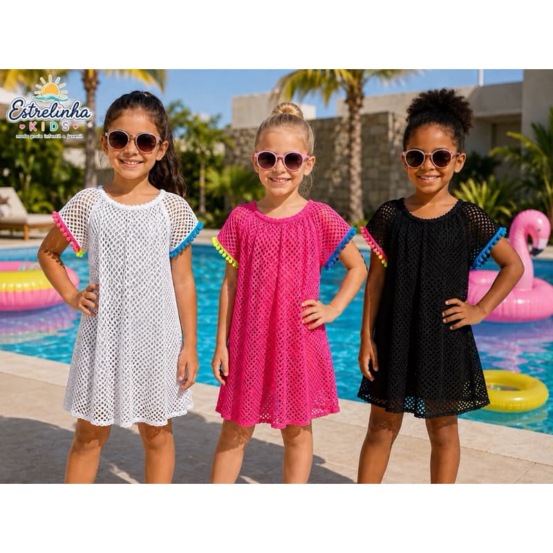 Saída de Praia Infantil com Pompom | Menina Juvenil | Verão Piscina Praia| canga| vestido infantil