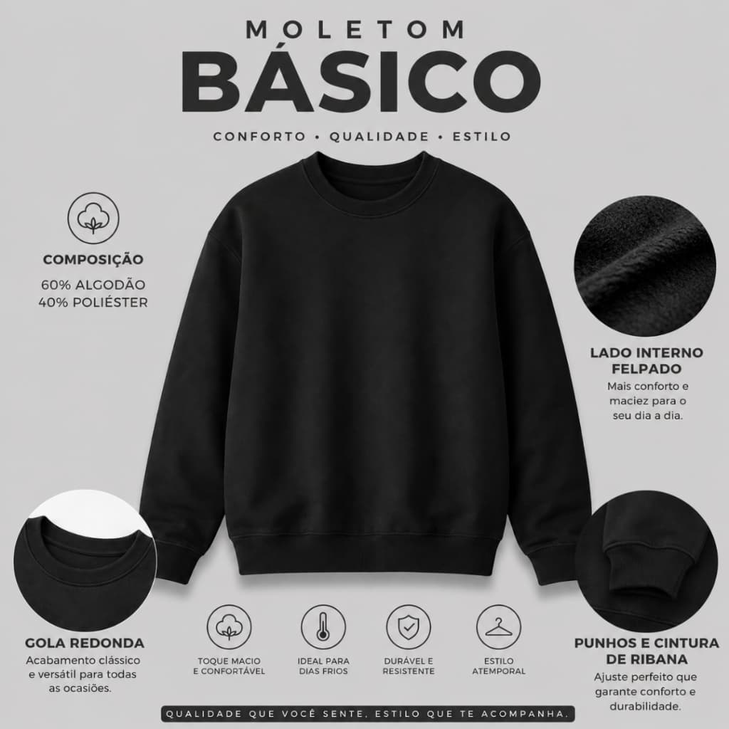 Moletom Careca Gola Redonda Unissex Básico Liso Blusa de Frio Alta Qualidade Inverno Premium