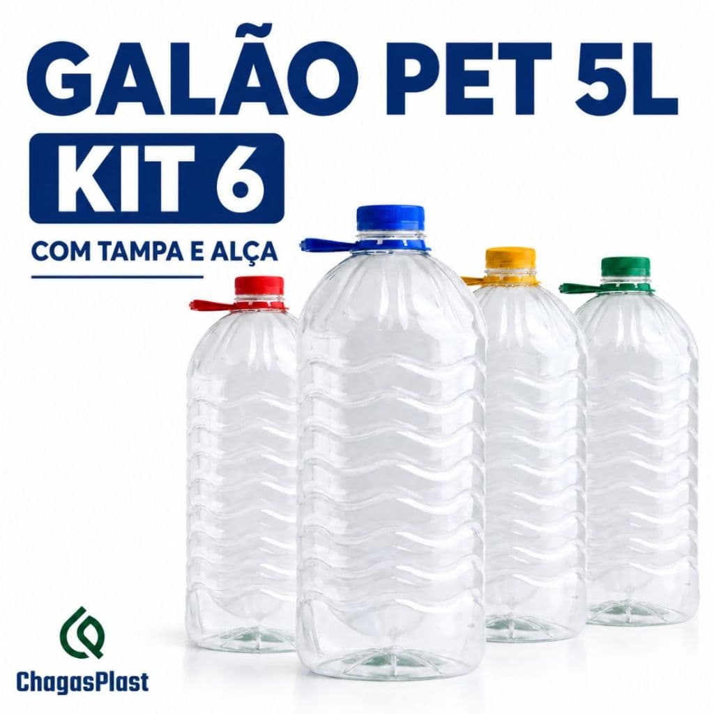 Bombona Galão PET 5 Litros – 6 Unidades – Tampa e Alça Boca 46mm p/ Envase PET Virgem BPA Free, 5L