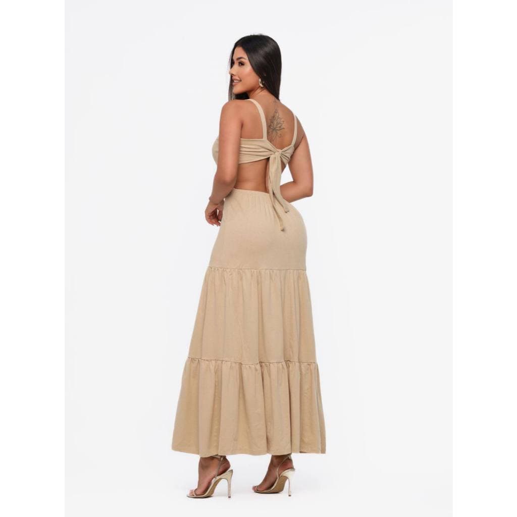 Vestido Longo Feminino Casual Elegante Alcinha com Busto Duplo, Costa Aberta