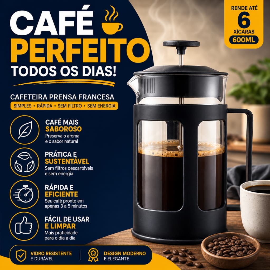 Cafeteira Prensa Francesa 600ml Premium Filtro Inox Reutilizável Café Chá Espumador de Leite - BC