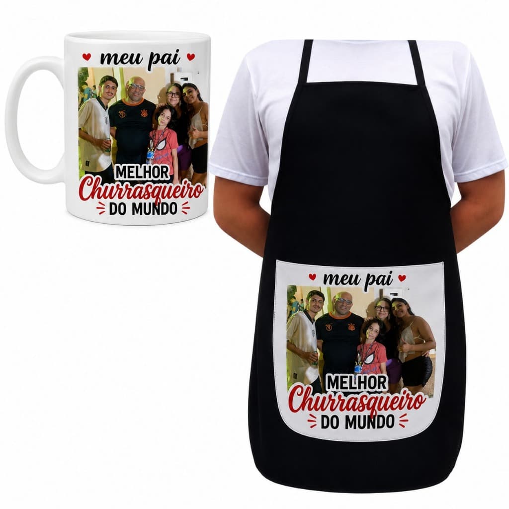 Kit Avental Adulto Personalizado + Caneca Personalizada Pai Melhor Churrasqueiro