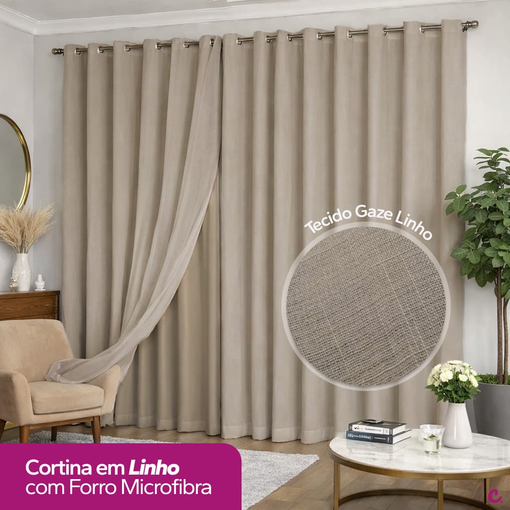 Cortina Voil Gaze De Linho 4,00 x 2,30/ 2,40/ 2,50/2,60/2,70/2,80 c/Forro de Microfibra