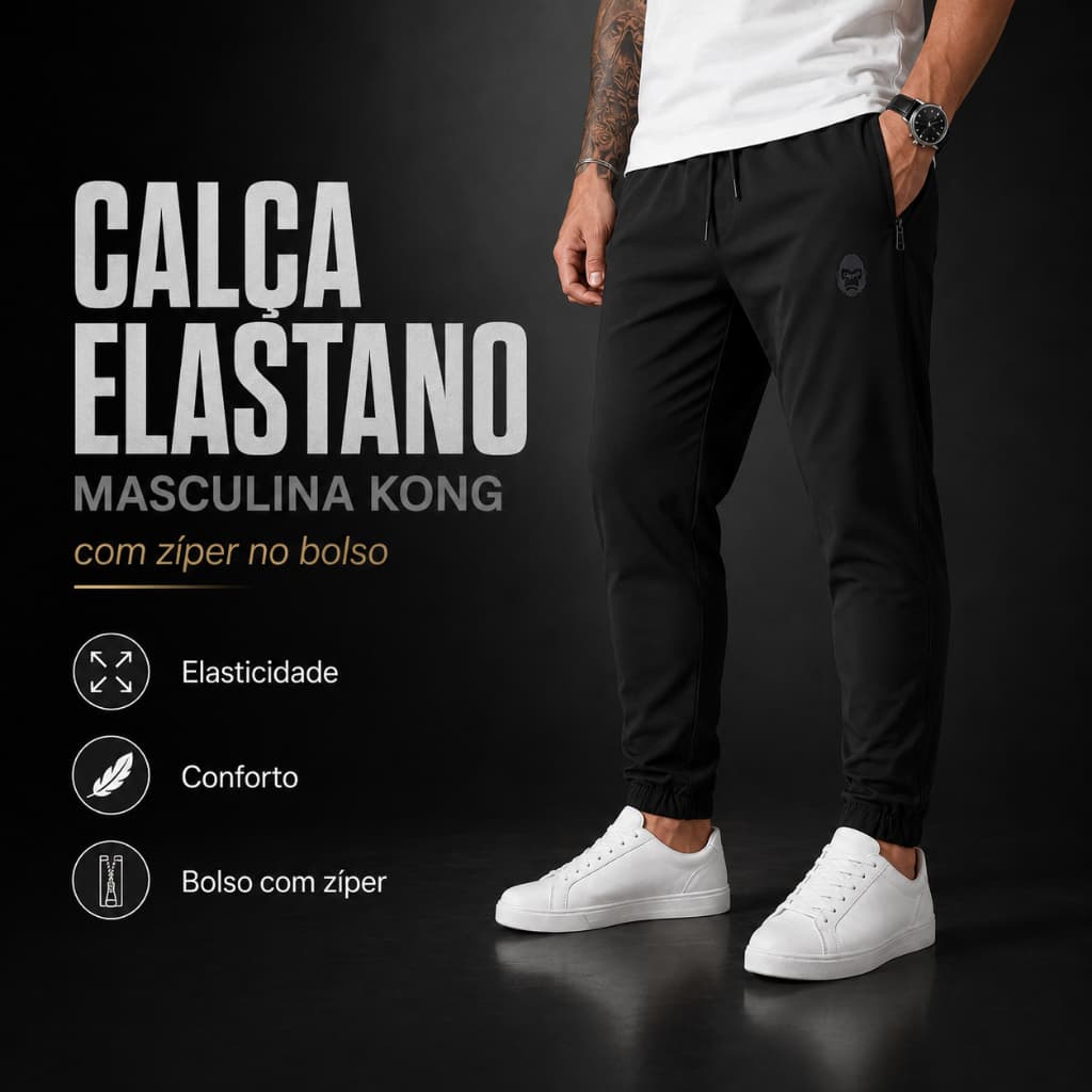 Calça Masculina Kong com Zíper no Bolso Elastano Casual Esportiva Confortável