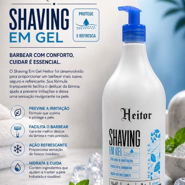 Gel de Barbear Refrescante Mentolado Heitor 1L Facilita o Deslizamento, Reduz Irritação e Hidrata