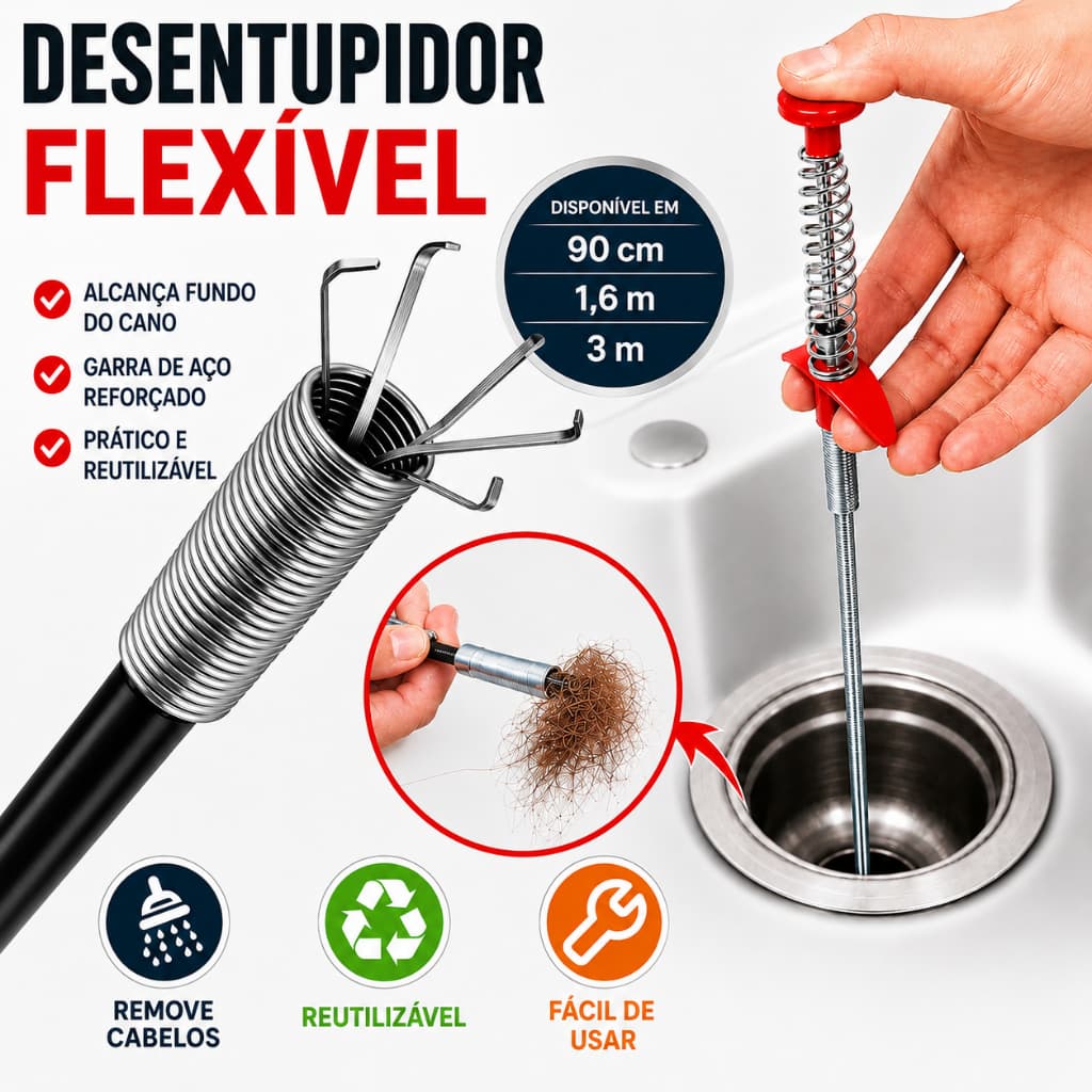 Desentupidor Flexível com Garras 90cm 1,6m 3m Remove Cabelos Pia Ralo Vaso Canos Multiuso.