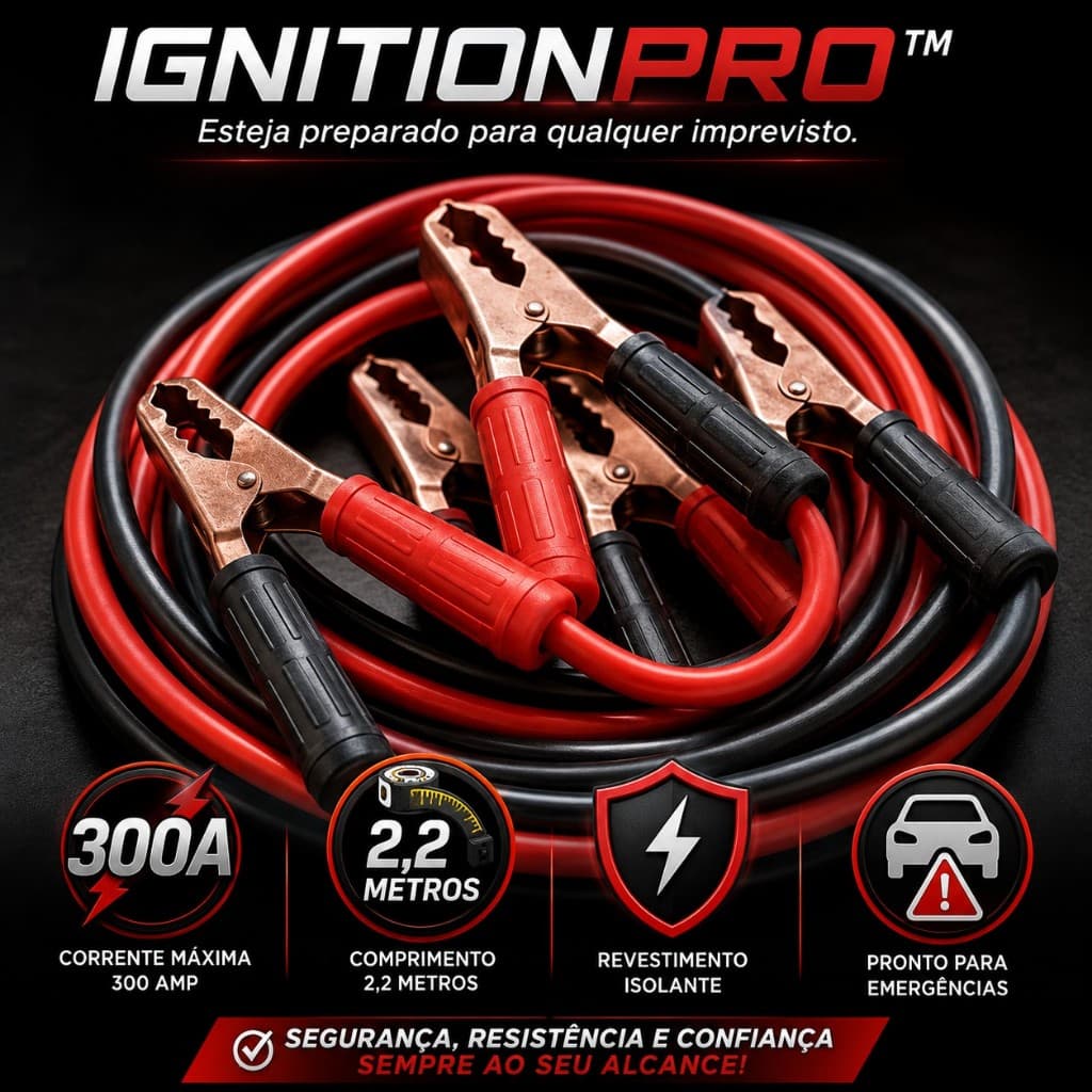Cabo Auxiliar (Chupeta) Automotivo 300A 2,2m IgnitionPro™ Garras Reforçadas Partida de Emergência