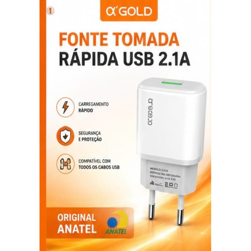 Carregador A’GOLD USB 2.1A Carregamento Rápido  a-gold Bivolt Fonte Turbo Universal Celular A ‘ Gold