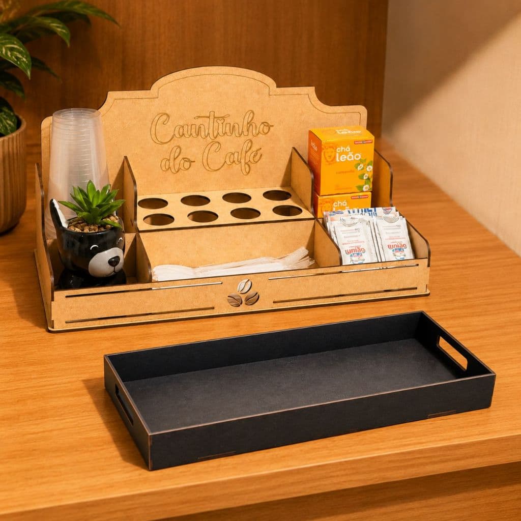 Kit Estação Cantinho Do Café MDF + Bandeja Preta Organizador Copos Cápsulas Sachês