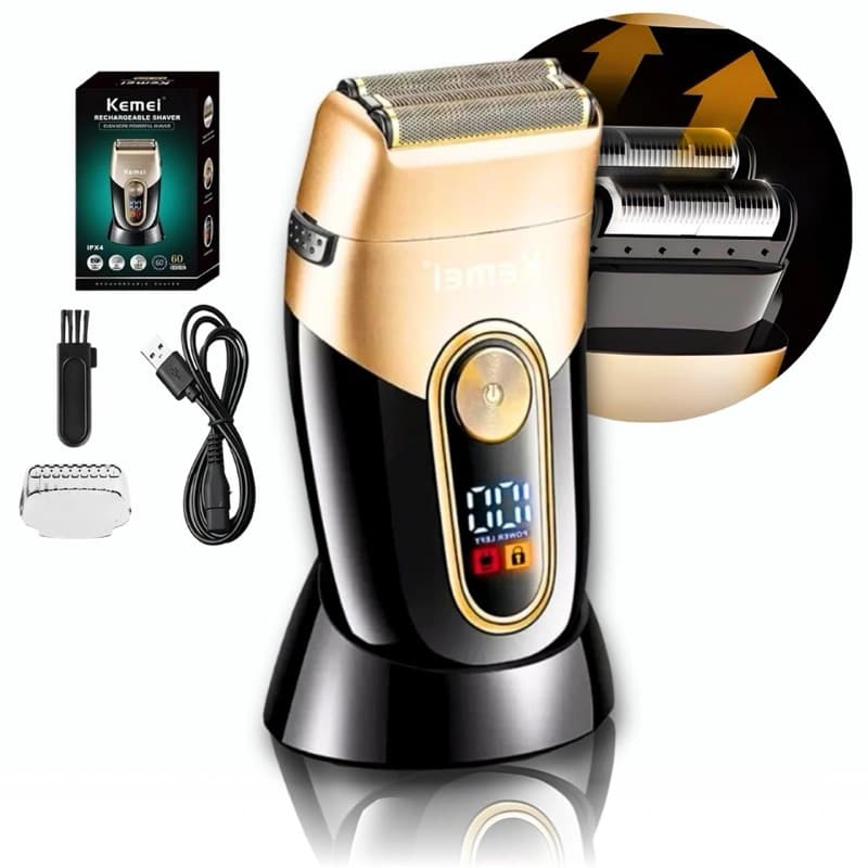 Máquina de Barbear Elétrica Kemei KM-3209 Recarregável USB Display LCD Bivolt
