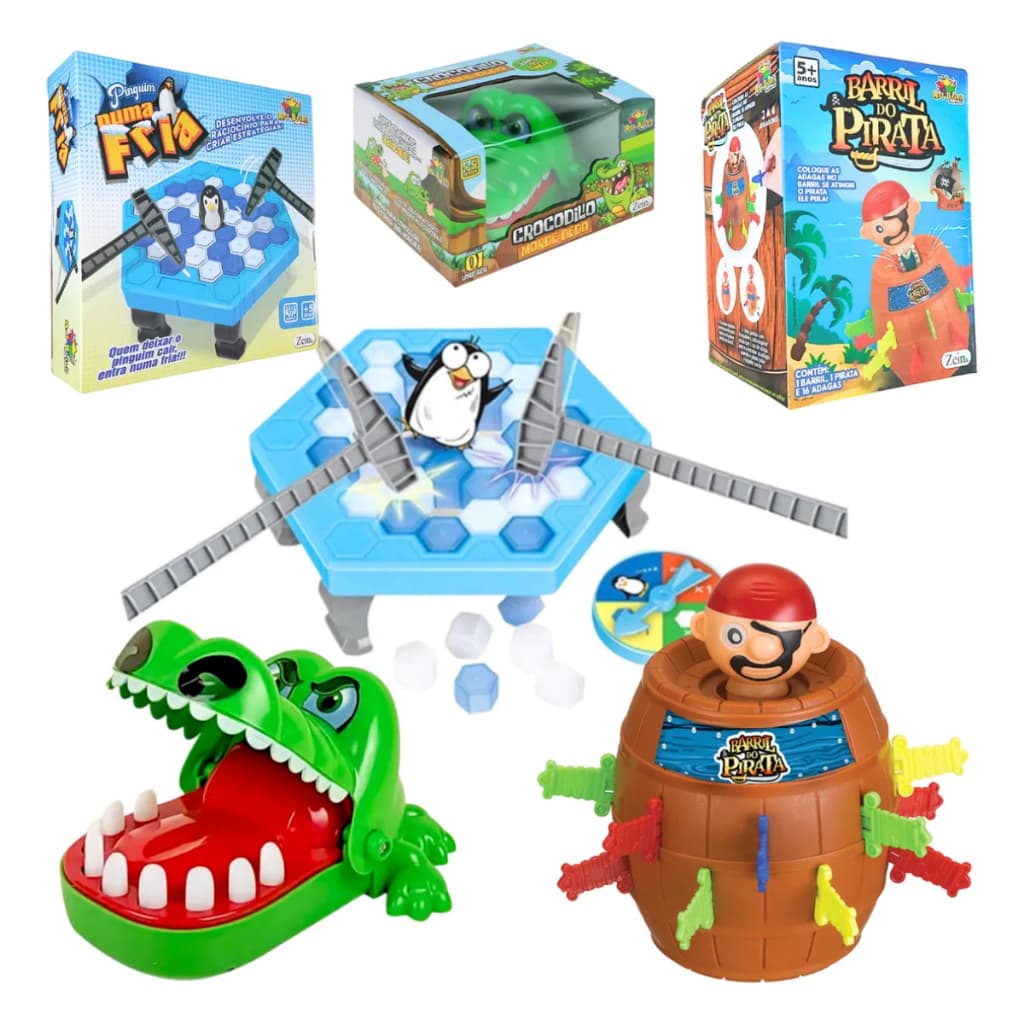 Kit Jogos Infantis Crocodilo morde  Pula Pirata  Pinguim Quebra Gelo Jogos de Mesa Diversão