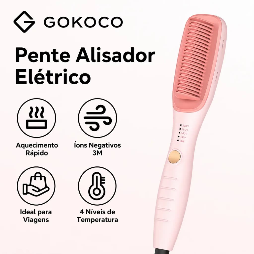 GOKOCO Escova alisadora alisamento instantâneo aquecimento rápido quatro configurações de temperatura íons negativos 3M