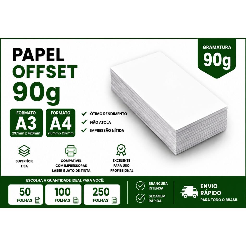 Papel Offset A3, A4 90g Branco Para Impressora Laser e Jato de Tinta | 50 100 250 FOLHAS