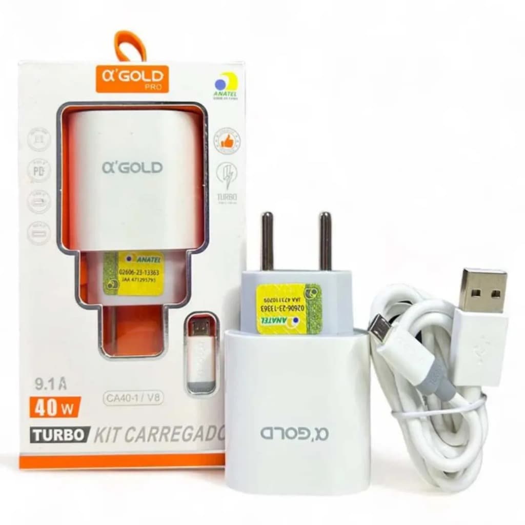 Carregador Para Celular USB+V8 40W A'GOLD Ca40-1