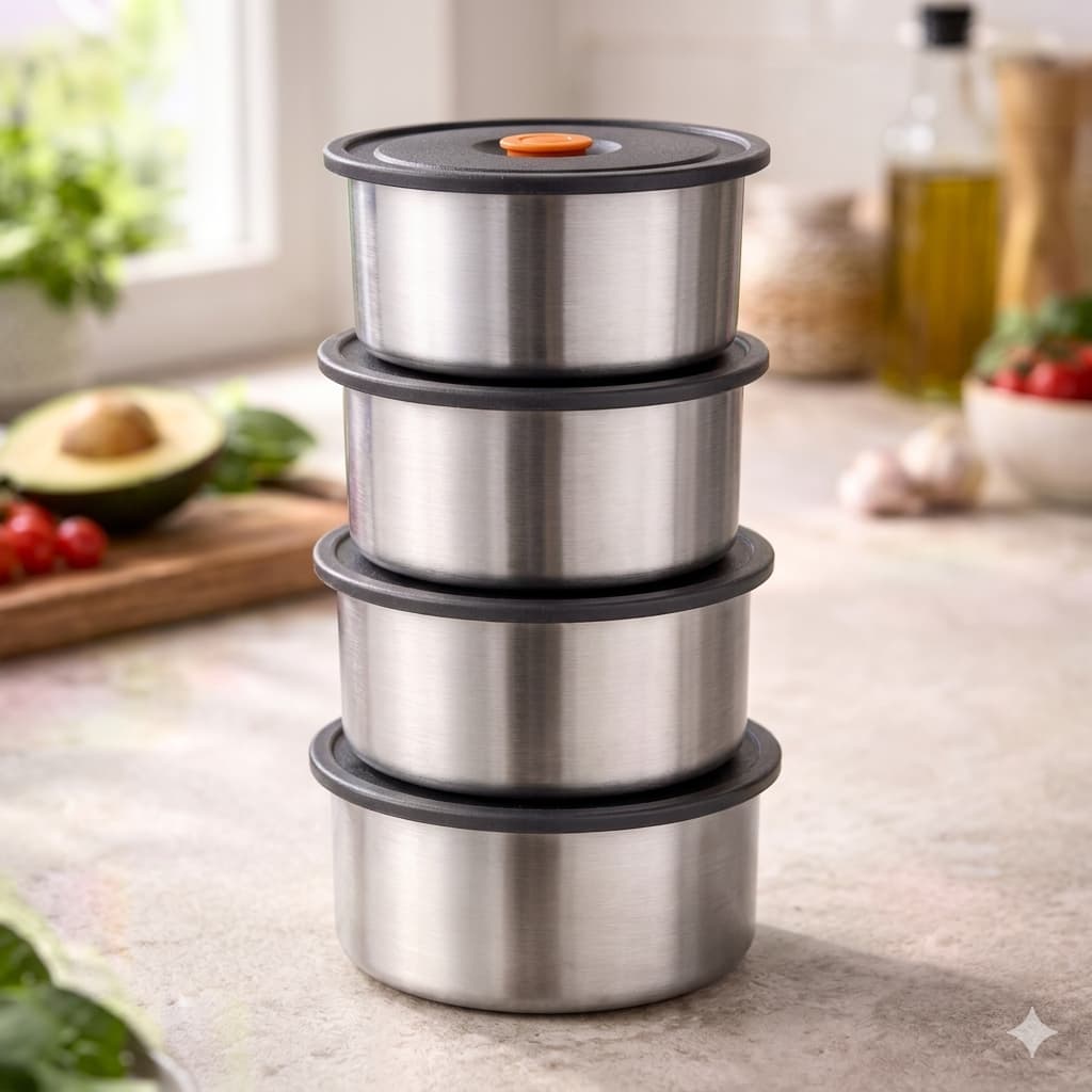 Conjunto 4 Potes Herméticos Redondo Inox 450ML Praticidade Higiene e Organização