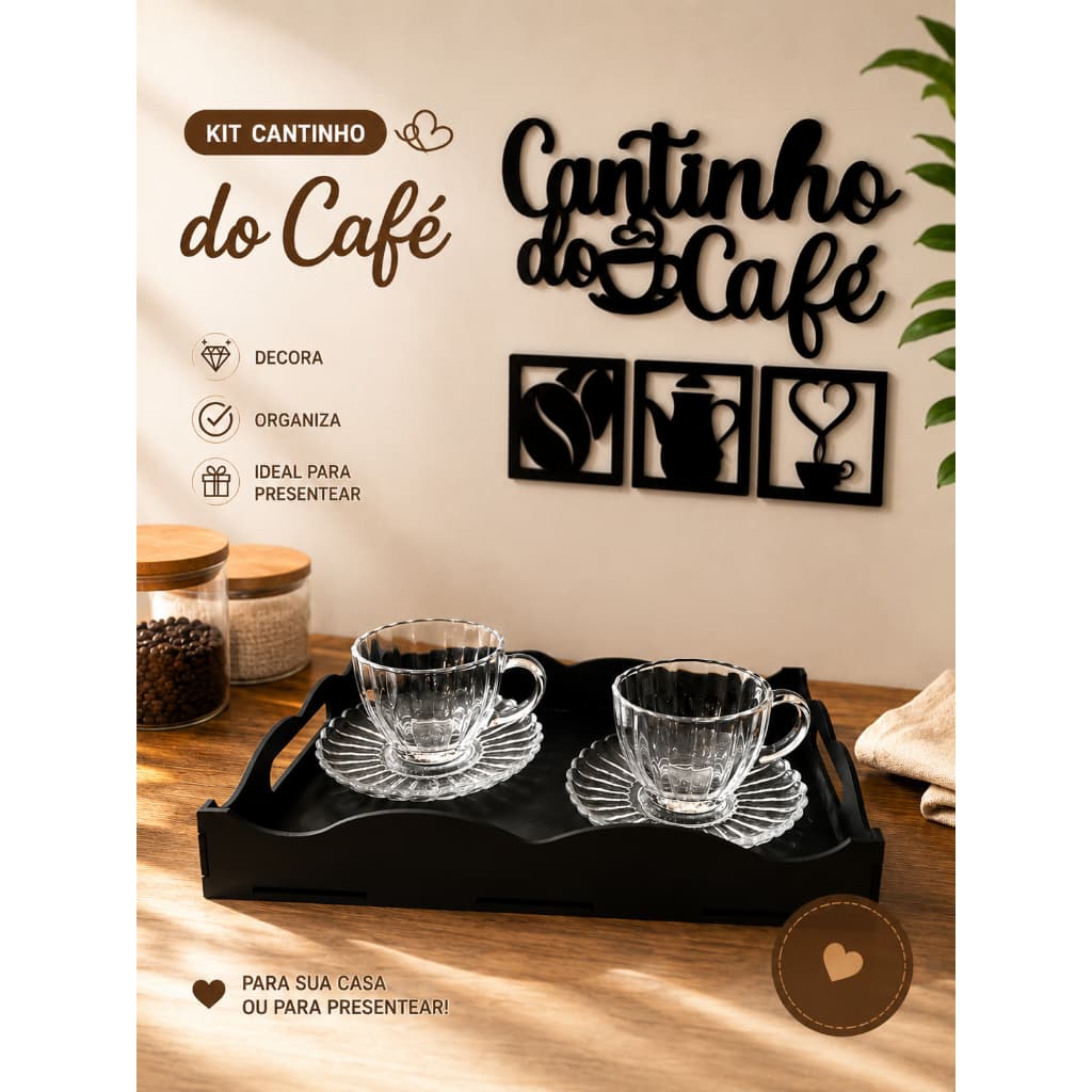 Kit Cantinho do Café Completo | Bandeja MDF + 3 Quadros + Frase Decorativa para Cozinha