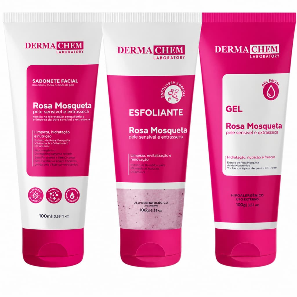 Kit 3 Rosa Mosqueta Dermachem Clareador de Manchas Sabonete Facial Gel Esfoliante Sérum Skincare