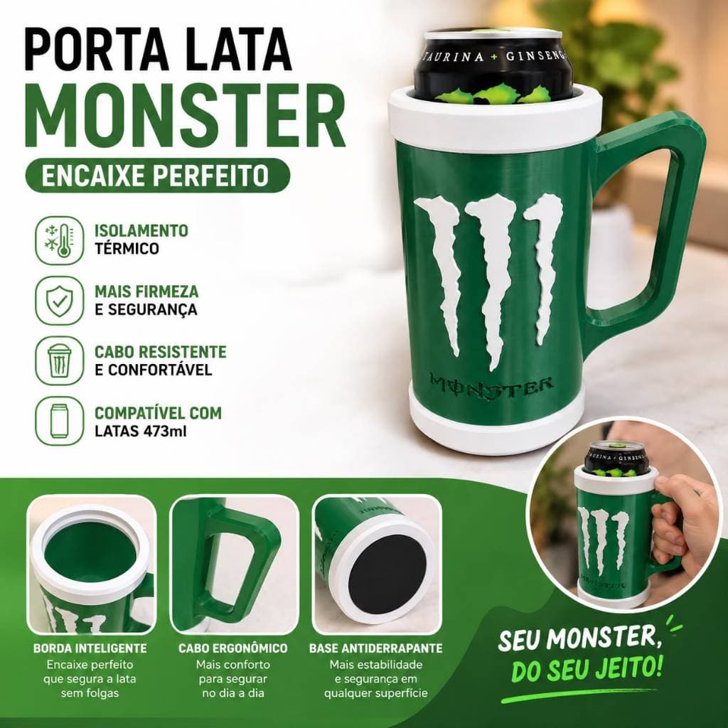 PORTA LATA MONSTER SUPORTE DECORATIVO PARA LATA 473ML VERDE E BRANCO