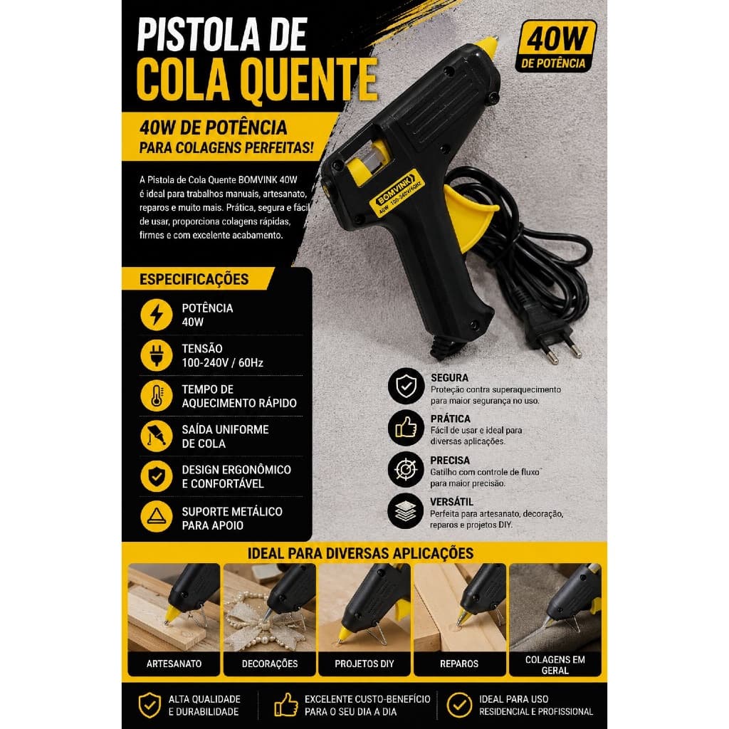 Pistola de Cola Quente 40W Bivolt 100-240V para Bastão 11mm – Aquecimento Rápido e Alta Precisão