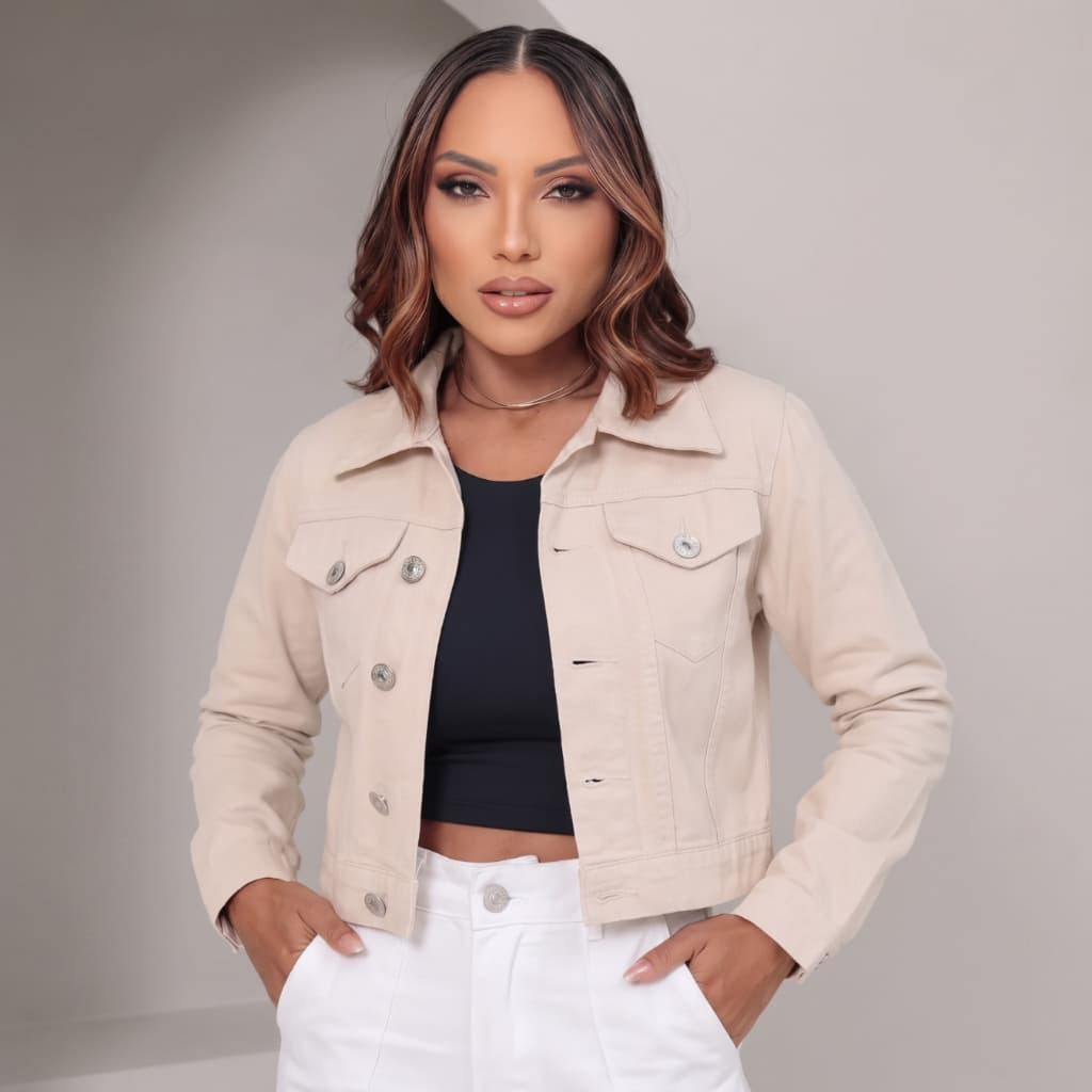 JAQUETA FEMININA DENIM CASUAL BOTÃO DE FERRO