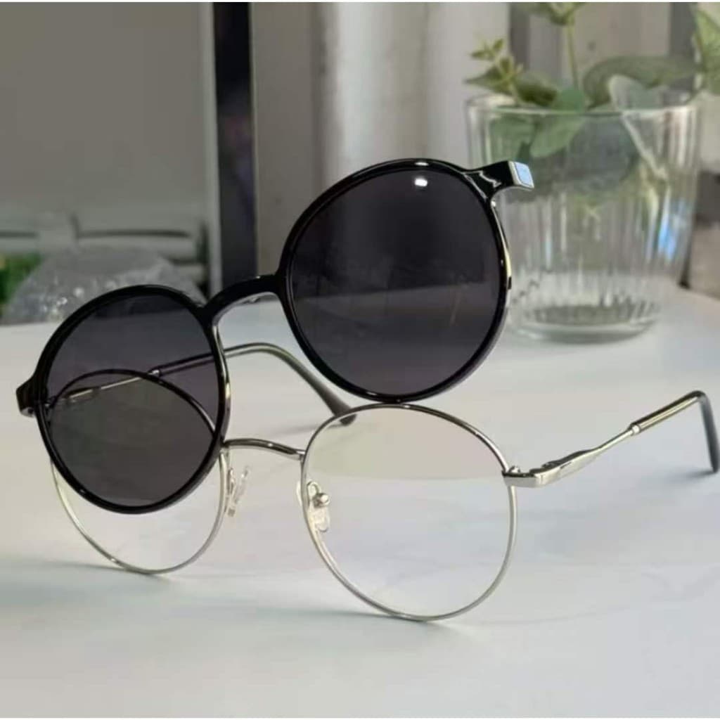 Óculos de sol femininos, óculos de sol masculinos, óculos de sol magnéticos 2 em 1 - armação redonda de metal.