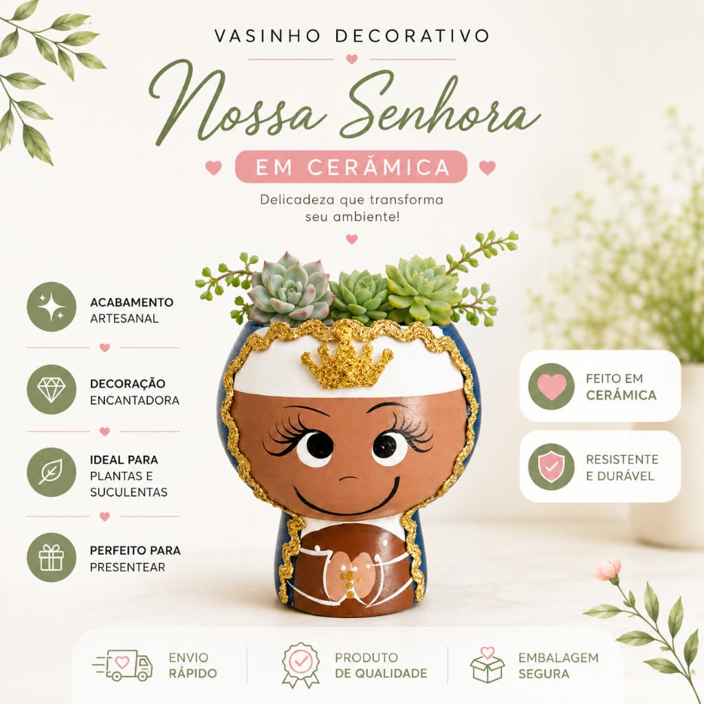 Cachepot Nossa Senhora Aparecida Cerâmica 10cm Vaso Decorativo Pequeno Para Plantas Flores