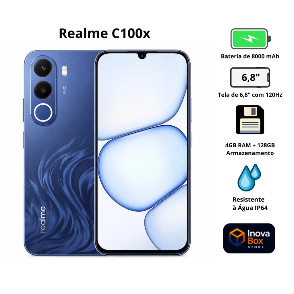 Smartphone Realme C100X NFC 128GB Tela 6.8" 120Hz Câmera 50MP Bateria 8000mAh Dual Chip