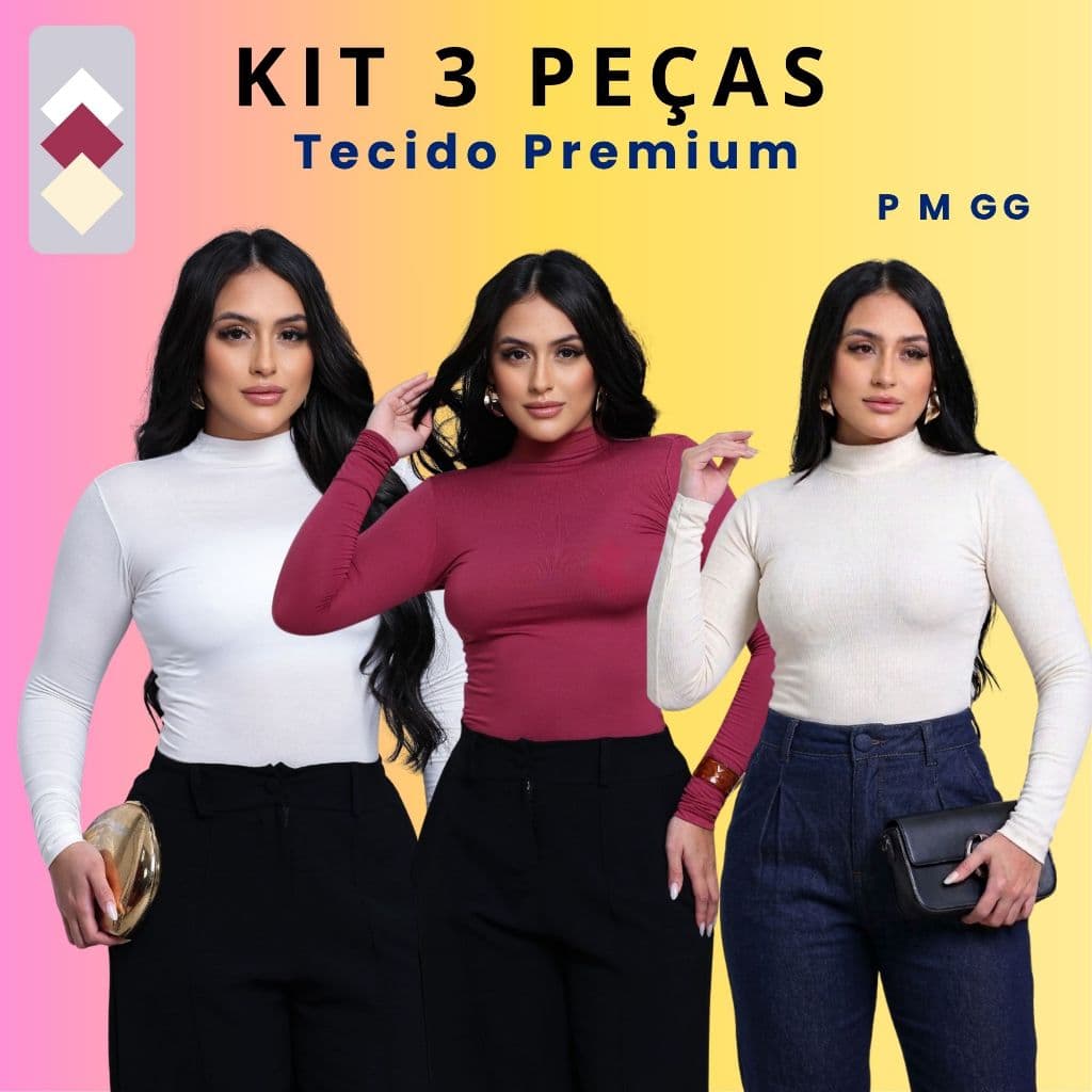 Kit 3 Blusas Gola Alta Feminina Tecido Premium Básica Inverno P ao GG