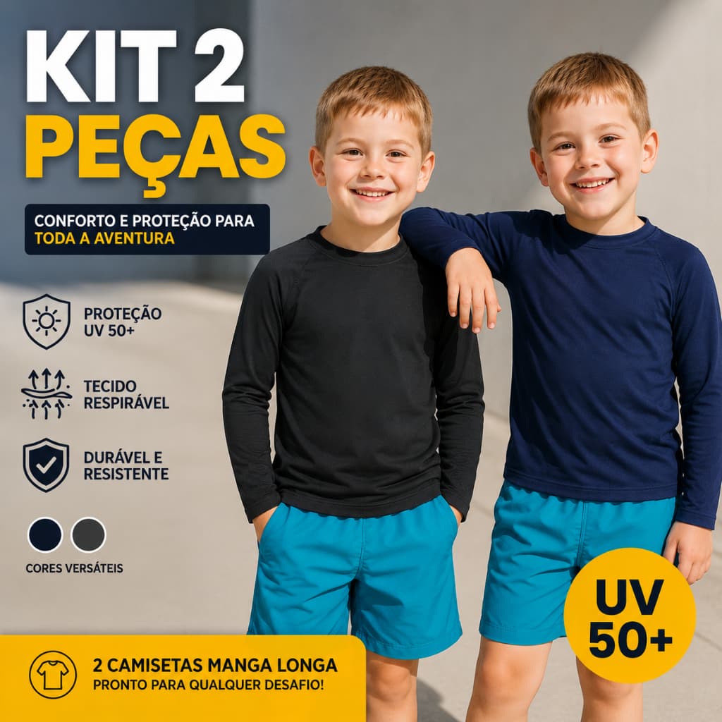 Kit 2 Camisetas Manga Longa UV Infantil Proteção Solar Conforto Alta Qualidade