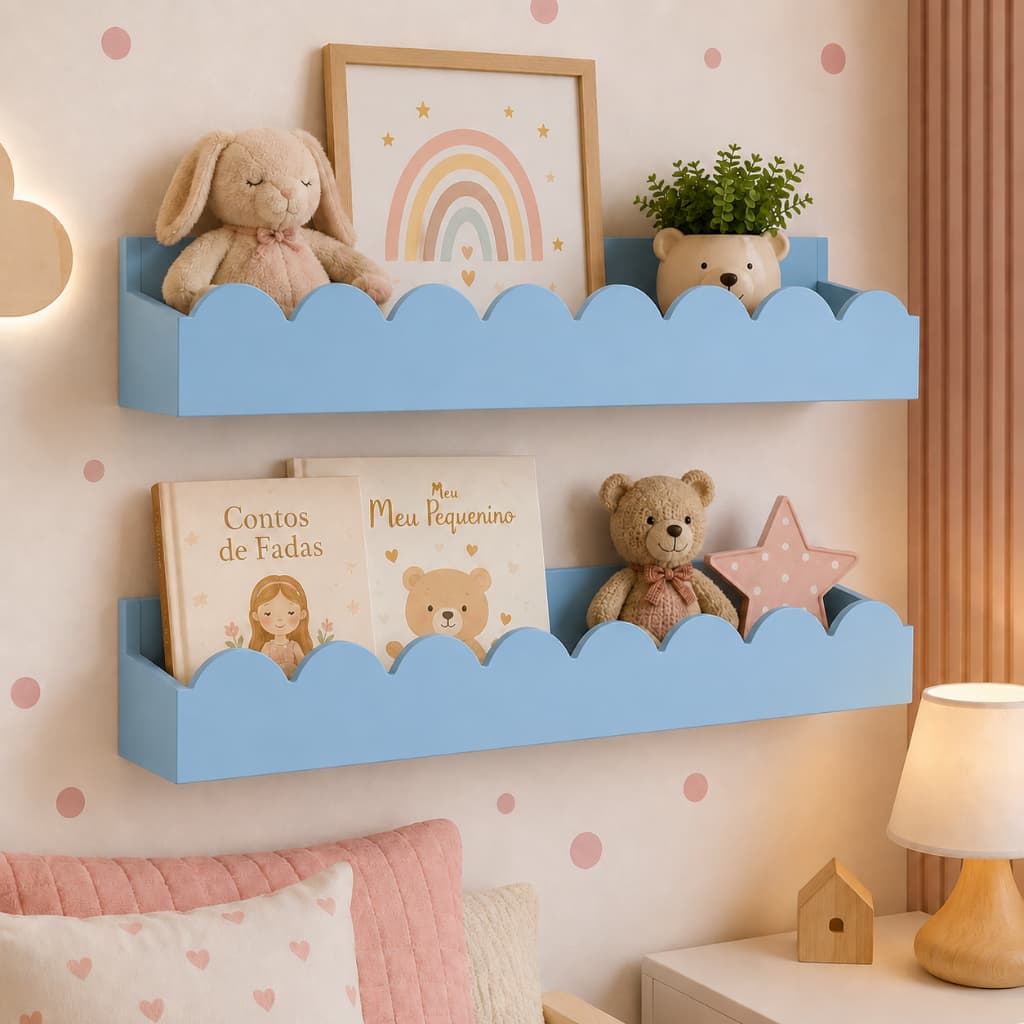 Kit 2 Prateleiras Infantil MDF Decorativa Parede Quarto Bebê Livros Brinquedos Montessori Rosa Lilás Branco