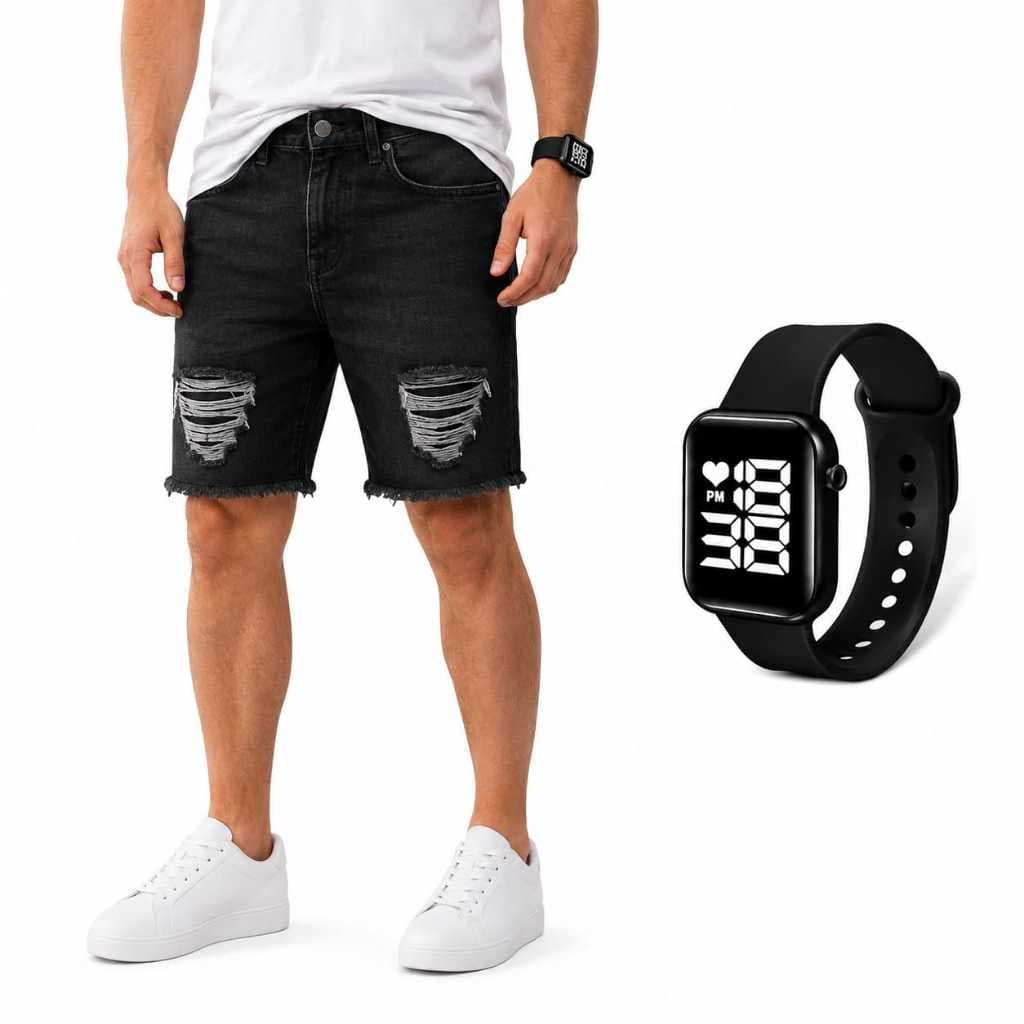 Bermuda Jeans Mauricinho Rasgadinha Shorts Acima do Joelho + Relogio Digital Led A Prova D'água Bermuda Jeans Mauricinho
