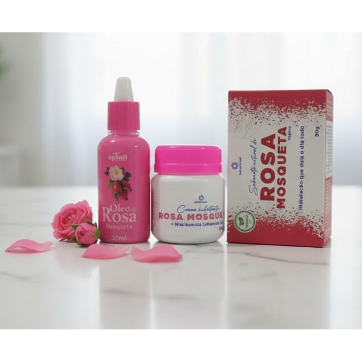 Kit Completo Rosa Mosqueta: Sabonete em Barra + Creme Hidratante + Óleo – Hidratação e Nutrição