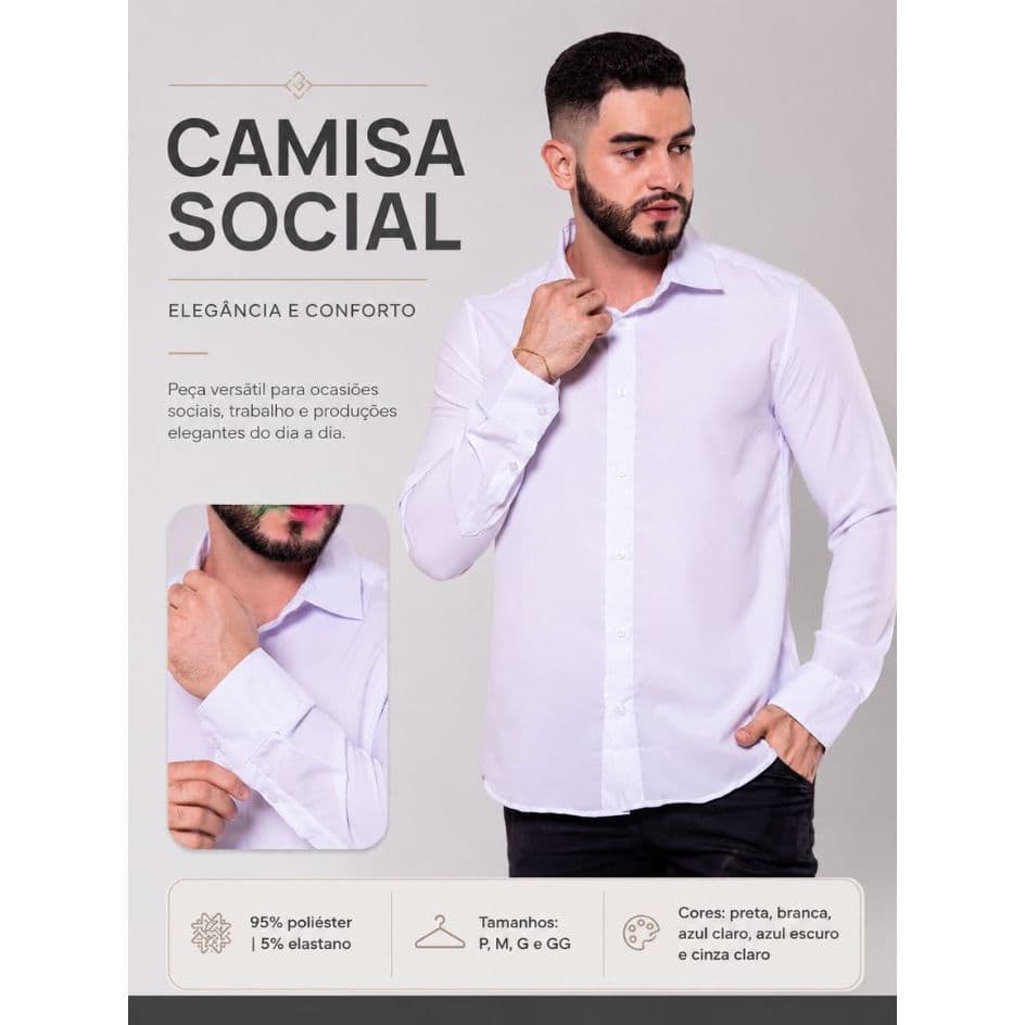 Camisa Social Masculina Slim Manga Longa Lisa Elegante Casual Social Premium Para Trabalho Dia a Dia